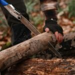 Close-up of a man using a hand saw to cut a tree trunk in the forest, showcasing woodworking skills.